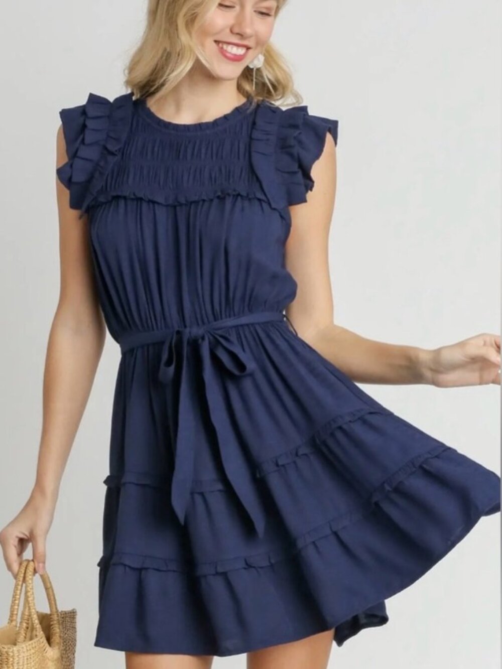UMGEE Smocked Flutter Sleeve Tiered Navy Dress
